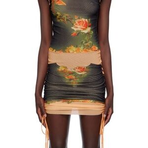 Jean Paul Gaultier Black and Peach Floral Mesh Ruched Mini Dress